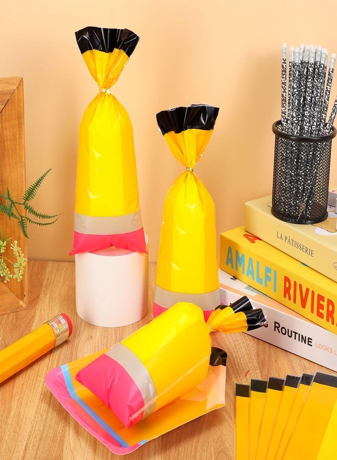 Whaline 100 Pcs Back to School Cellophane Bags with Gold Twist Ties Plastic Candy Goodie Bag Yellow Pencil Shaped Cello Gift Bags for First Day of School Birthday Party Favors - Image 3