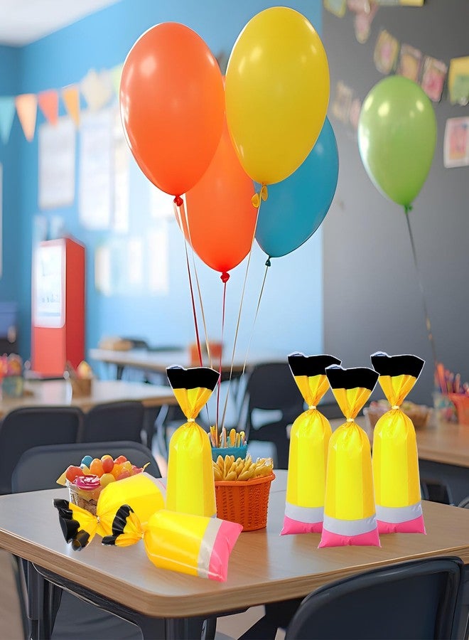 Whaline 100 Pcs Back to School Cellophane Bags with Gold Twist Ties Plastic Candy Goodie Bag Yellow Pencil Shaped Cello Gift Bags for First Day of School Birthday Party Favors - Image 5