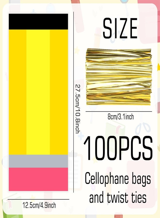 Whaline 100 Pcs Back to School Cellophane Bags with Gold Twist Ties Plastic Candy Goodie Bag Yellow Pencil Shaped Cello Gift Bags for First Day of School Birthday Party Favors - Image 2
