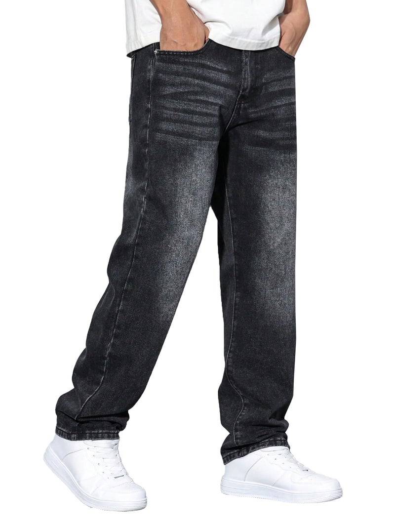 JMIERR Mens Classic Relaxed Fit Jeans Straight Stretch Casual Baggy Denim Pants Streetwear Jeans, S, Black - Image 1