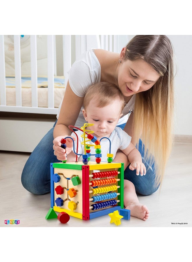 Play22 Wooden Activity Play Cube 6 in-1 for Baby with Removable Bead Maze, Shape Sorter, Abacus Counting Beads & Numbers, Sliding Shapes, 8Pcs Stacking Cups - Play22 - Image 3