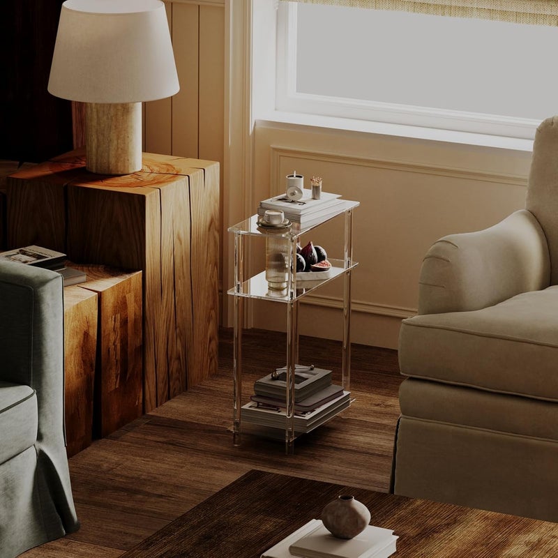 HMYHUM Acrylic Narrow Side Table for Small Spaces, 7" Wide Skinny Nightstand/Bedside Table for Bedroom, Slim Small End Table, 3 Tier, 15.7" L x 22.9" H, Clear - Image 2