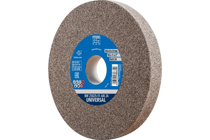 PFERD Vitrified Bench Grinding Wheel – Universal, 10" Diameter, 1" Thick, 1-1/4" Arbor, 24 Grit, Aluminum Oxide, for General Metalworking - Part 61768 - Image 1