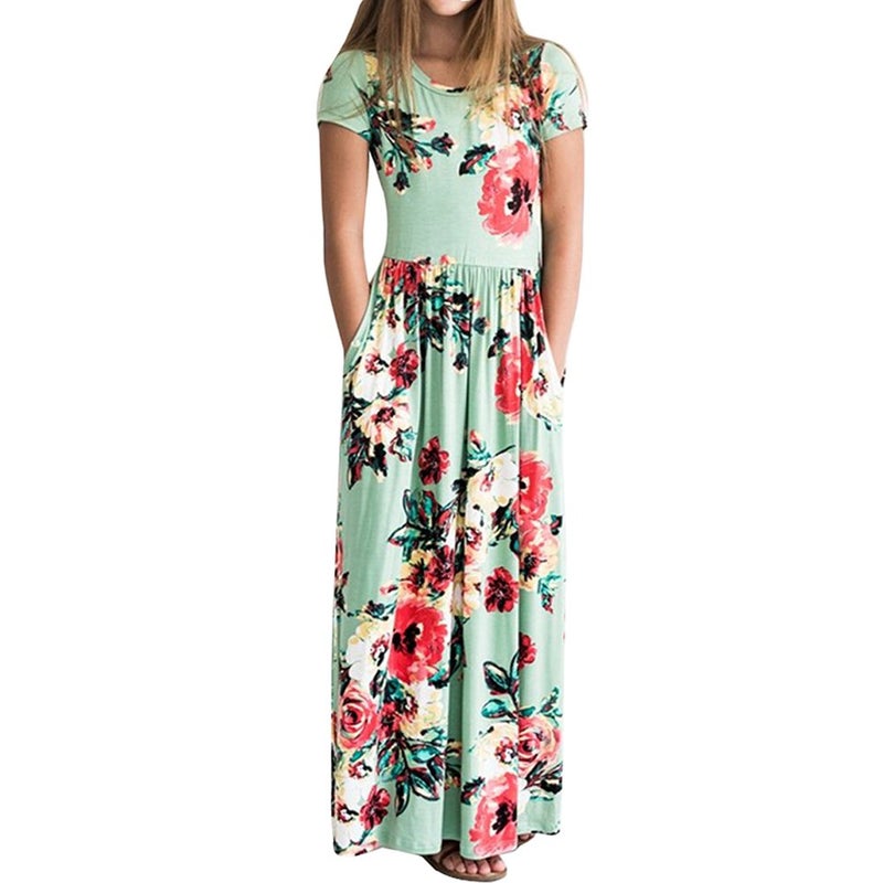 YIJODM Girls Floral Maxi Dress, Flower Printed Short Sleeves Dress with Pockets Summer Long Holiday Dress Green - Image 4