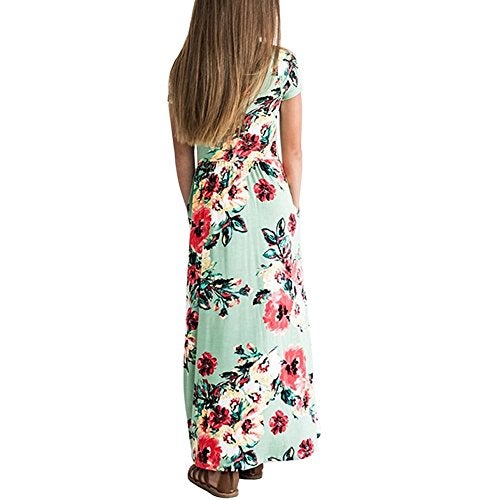 YIJODM Girls Floral Maxi Dress, Flower Printed Short Sleeves Dress with Pockets Summer Long Holiday Dress Green - Image 2