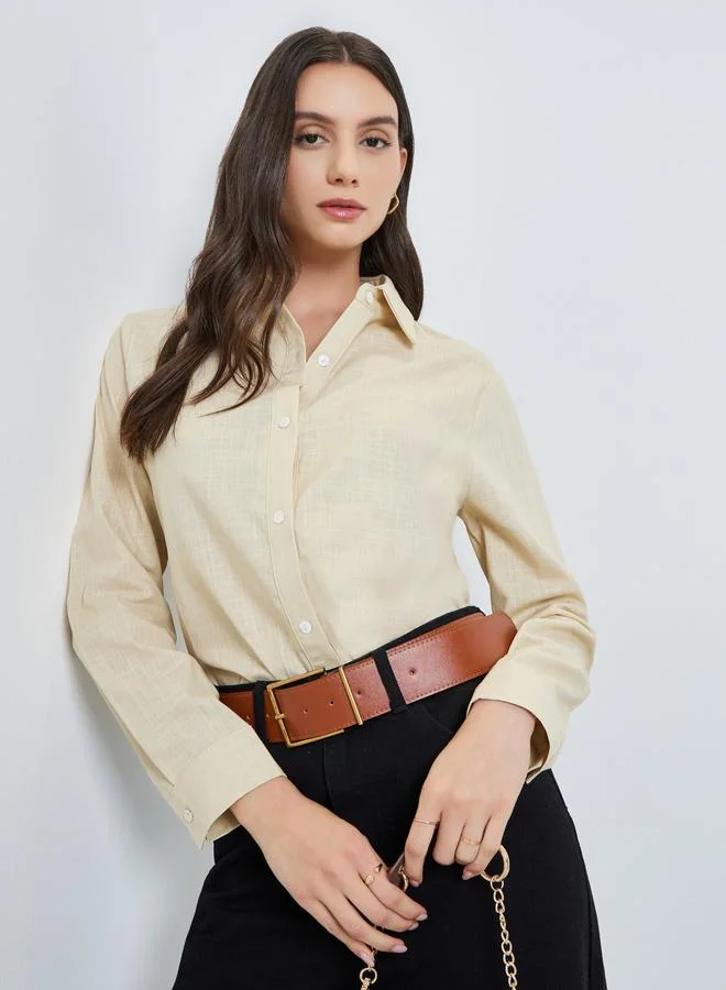 Take Two Beige Solid Long Sleeve Shirt