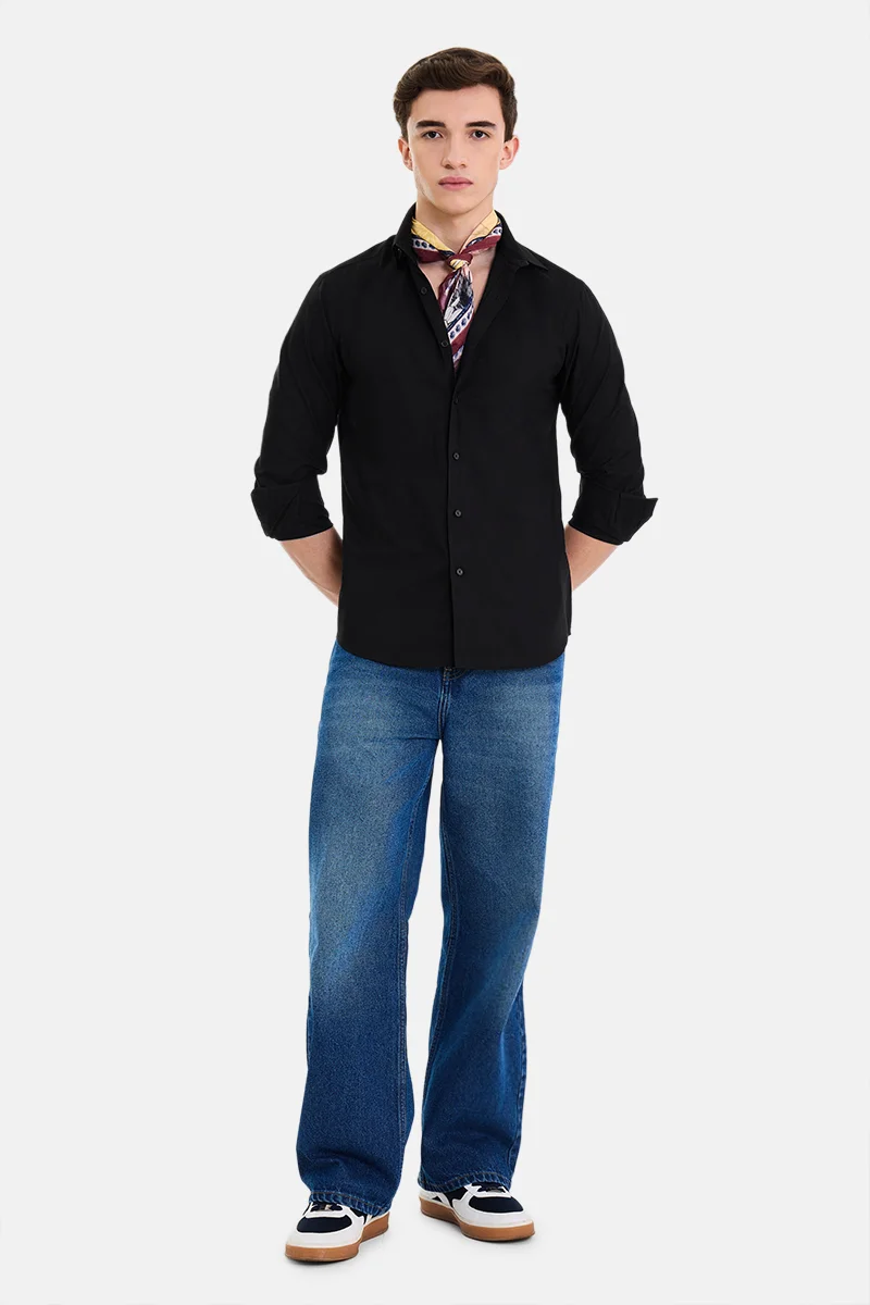 سنيتش Black Checkered Long Sleeve Slim Fit Casual Shirt