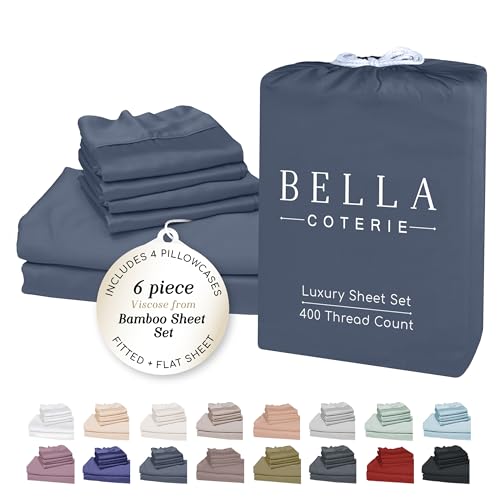 BC BELLA COTERIE Bella Coterie 6 Piece Luxury Bamboo Viscose King Size Sheet Set 100 Organically Grown Cooling for Hot Sleepers 18 Deep Pocket Soft Hypoallergenic 4 Pillowcases Slate Blue - Image 1