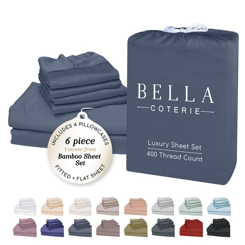 BC BELLA COTERIE Bella Coterie 6 Piece Luxury Bamboo Viscose King Size Sheet Set 100 Organically Grown Cooling for Hot Sleepers 18 Deep Pocket Soft Hypoallergenic 4 Pillowcases Slate Blue - Image 2