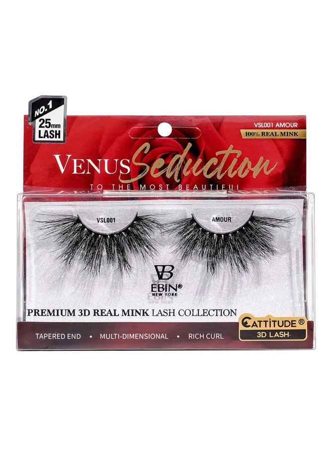 إيبن نيويورك رموش Cattitude 3D Venus Seduction Lashes 25 مم قابلة لإعادة الاستخدام 100% رموش ثلاثية الأبعاد من المنك الحقيقي رموش عين القطة الرقيقة ذات حجم مجعد متعدد الأبعاد، رموش غنية مدببة ذات نهاية مدببة  - Image 1