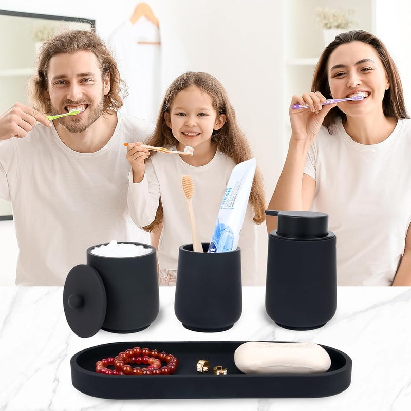 Deobath مجموعة إكسسوارات الحمام باللون الأسود - 4 قطع من مجموعات إكسسوارات الحمام مع حامل فرشاة الأسنان، موزع الصابون واللوشن، حامل أعواد القطن، وصينية الزينة، منظم سطح الحمام - أسود غير لامع - Image 2