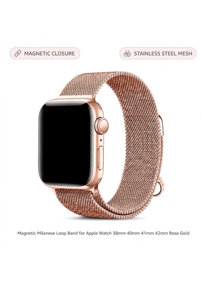 ELTRAZONE Magnetic Milanese Loop Band for Apple Watch Series 11 10 9 8 7 6 5 4 3 2 1 & SE 3 2 1, Stainless Steel Mesh Replacement Strap with Adjustable Magnetic Closure, 38mm 40mm 41mm 42mm Wristband, Rose Gold - Image 1