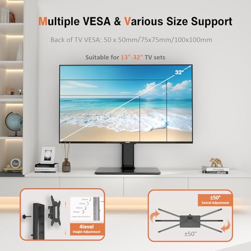 Hemudu Universal Swivel TV StandBase Table Top TV Stand for 13 to 32 inch TVs with 100 Degree Swivel 4 Level Height Adjustable Heavy Duty Tempered Glass Base Holds up to 77lbs HT07B001 - Image 3