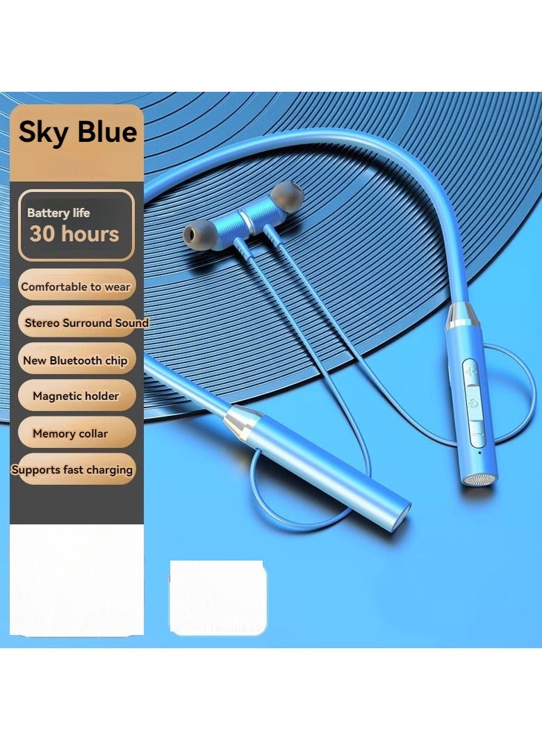 New neck hanging sports headphones magnetic three-dimensional running neck hanging in-ear comfortable music Bluetooth headphones sky blue - Image 1