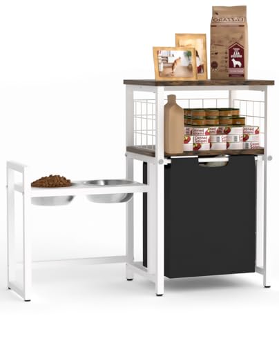 Sungaryard 30.6Long x 26.2 High Elevated Dog Bowl Stand with Pet Food Storage Organizer, Adjustable Raised Feeding Station with Toy Basket for Large Medium Small Dogs and Cats, White - Image 1