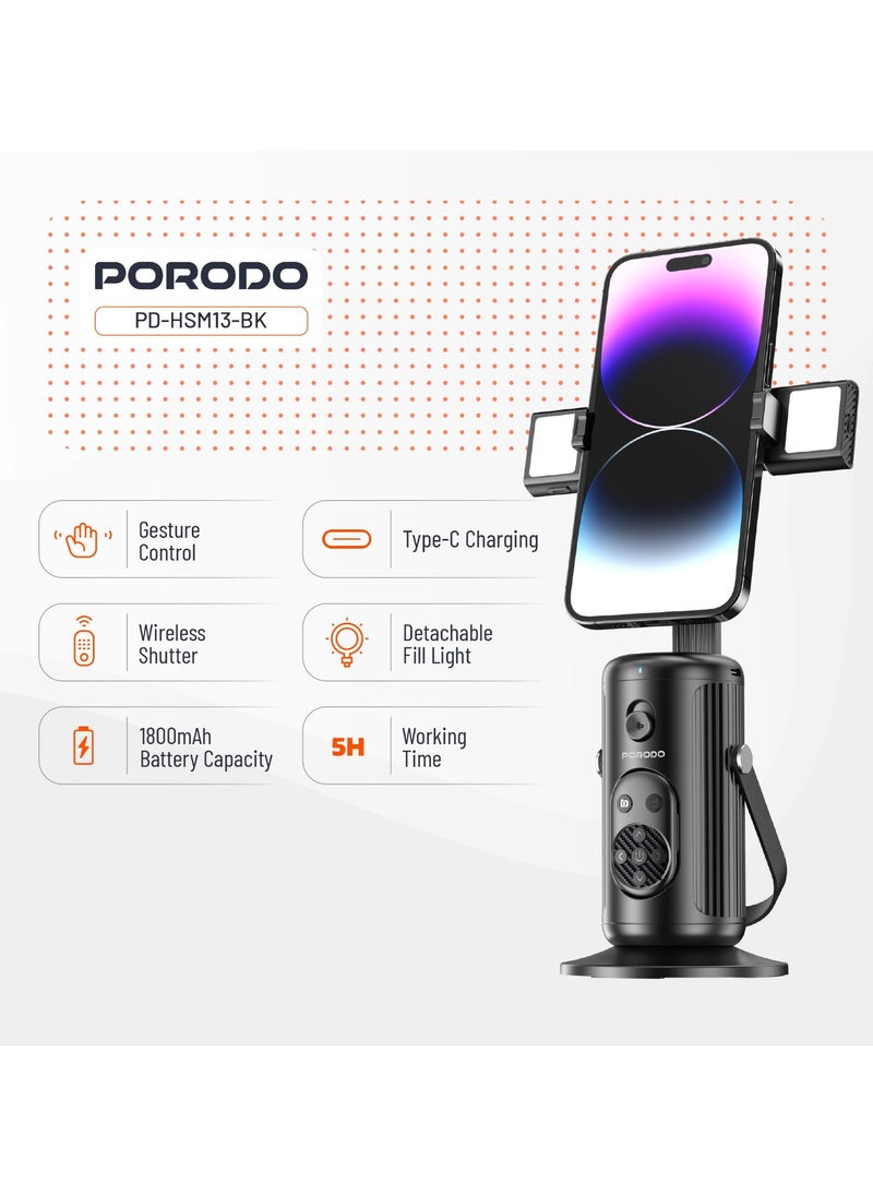 porodo Face Tracking Smart Mount with  Detachable Fill Light and Gesture Control / Wireless Shutter - Black  - Image 2