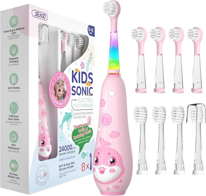 Seago Kids Electric Toothbrushes Rechargeable, Toddler Electric Toothbrush with Magnetic Charging, LED Observing Light, 8 Toothbrush Heads for Ages 2-4-6 Boys Girls - Image 1