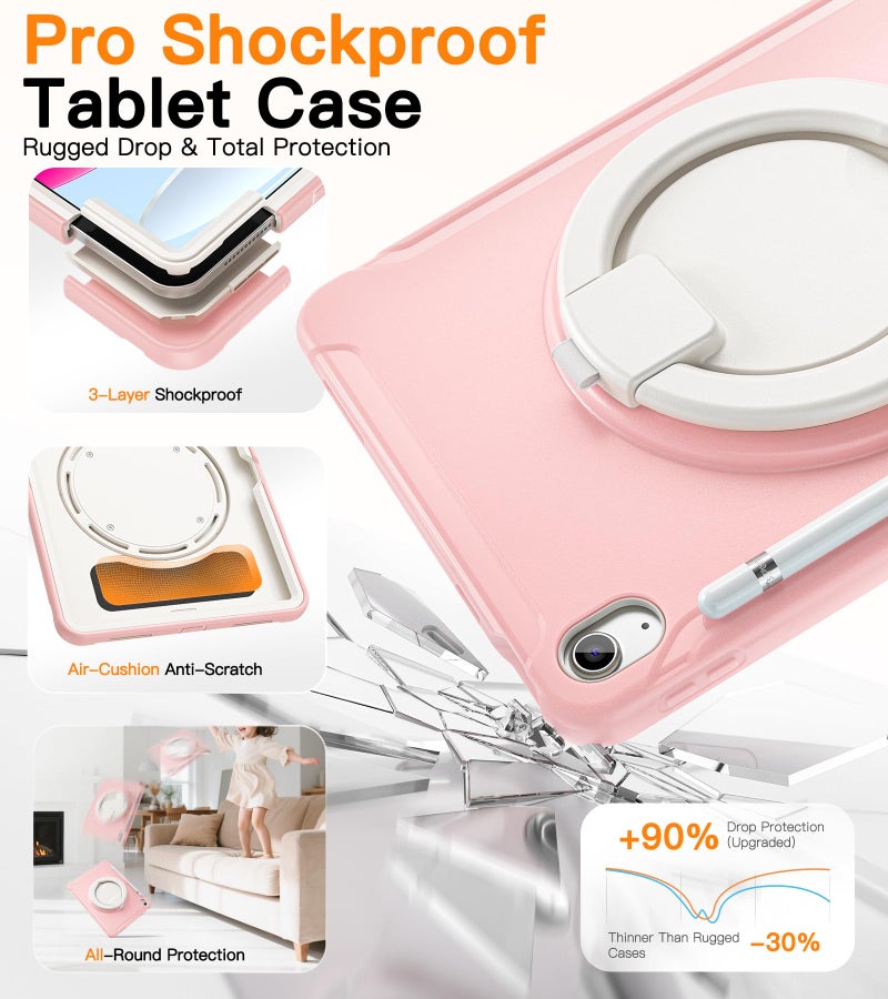 BATYUE Shockproof Case for iPad 10th Gen 10.9" 2022 / 11th Gen (A16) 11" 2025 | 360Â° Multi-Angle Stand (Portrait & Landscape) & Grip, Built-in Screen Protector, Pencil Holder, Pink - Image 4