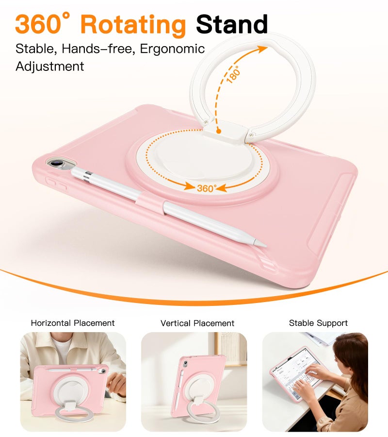 BATYUE Shockproof Case for iPad 10th Gen 10.9" 2022 / 11th Gen (A16) 11" 2025 | 360Â° Multi-Angle Stand (Portrait & Landscape) & Grip, Built-in Screen Protector, Pencil Holder, Pink - Image 5