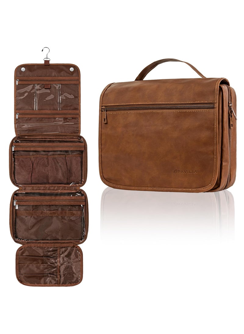 PAVILIA - PAVILIA Hanging Toiletry Bag Women Men, Foldable Cosmetic Organizer Travel Bag, Water Resistant Makeup Bag Toiletries, Large Travel Essentials Kit (Brown) - Image 1
