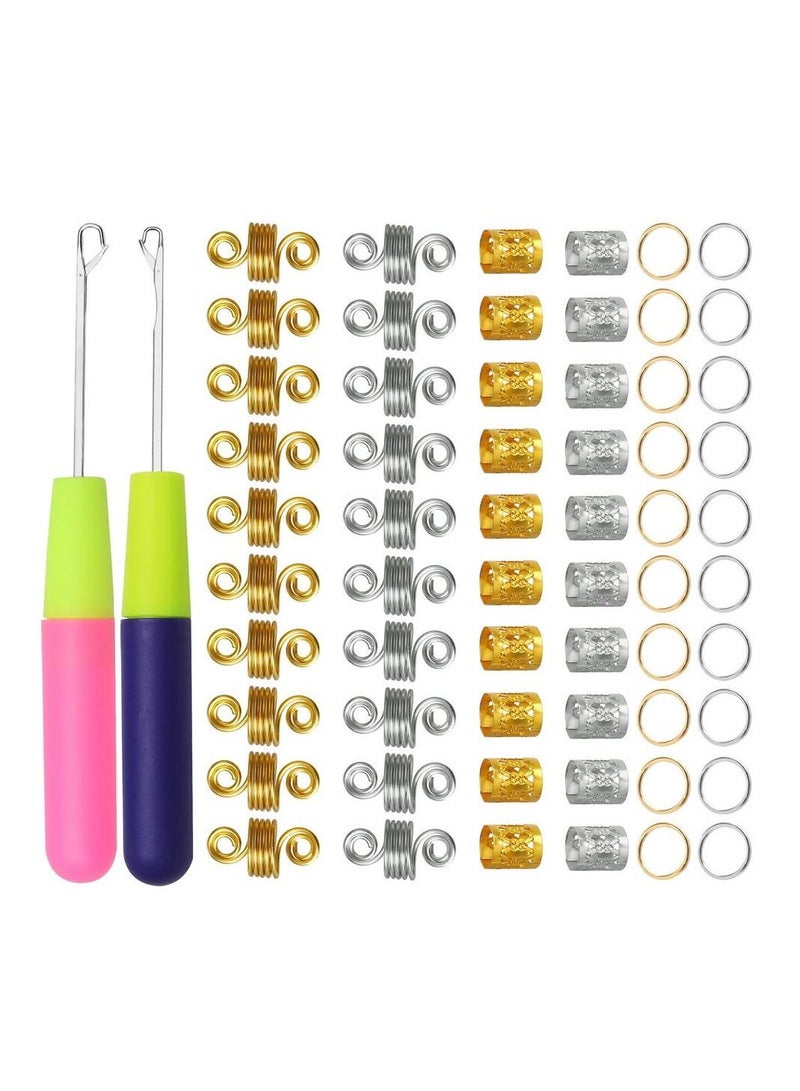 Excefore 2 Pcs Latch Hook Crochet Needle, Hair Hooks with 60 Dreadlocks Rings Metal Gold Silver Braiding Dreadlock Accessories for Braids Decoration - Image 1