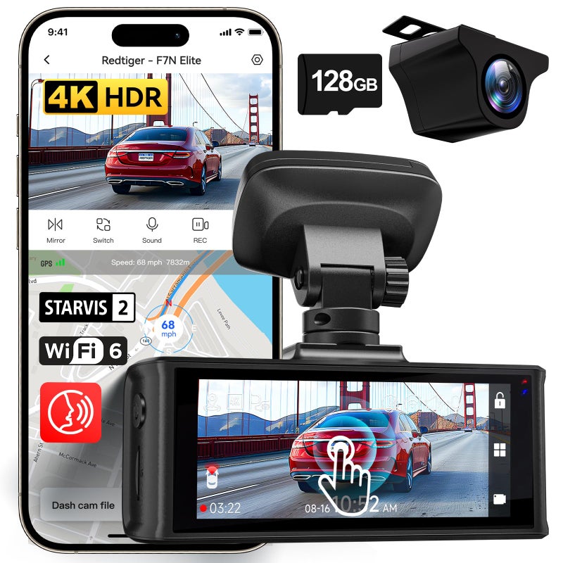 REDTIGER 4K HDR Dash Cam Front and Rear, STARVIS 2 Sensor, 5.8GHz WiFi APP, 3.18" Touchscreen, Voice Control, 128G Card Included, WDR, Dash Camera for Cars with GPS, 24H Parking Mode(F7N Elite) - Image 1