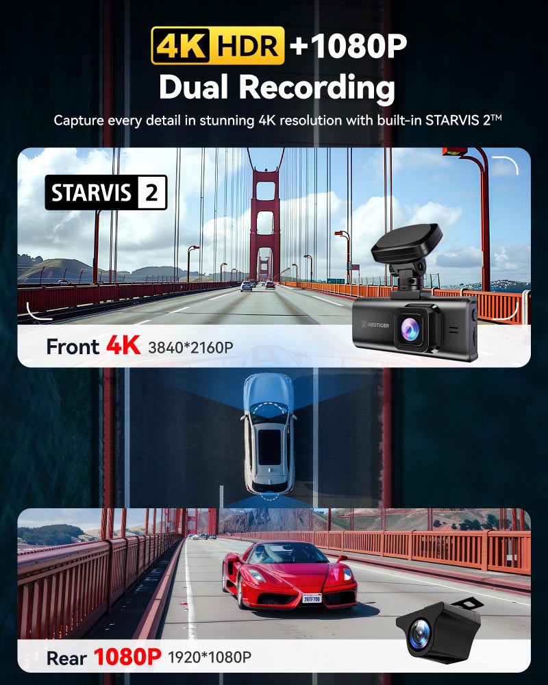 REDTIGER 4K HDR Dash Cam Front and Rear, STARVIS 2 Sensor, 5.8GHz WiFi APP, 3.18" Touchscreen, Voice Control, 128G Card Included, WDR, Dash Camera for Cars with GPS, 24H Parking Mode(F7N Elite) - Image 2