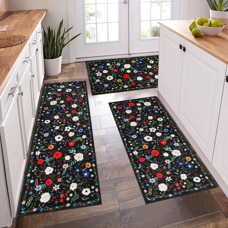 PCSWEET HOME Floral Kitchen Rug Sets 3 Piece, Washable Kitchen Mats for Floor Non Slip Soft Thick Kitchen Floor Mat Carpet Runner Rugs for Hallway Laundry Room, Black - Image 1