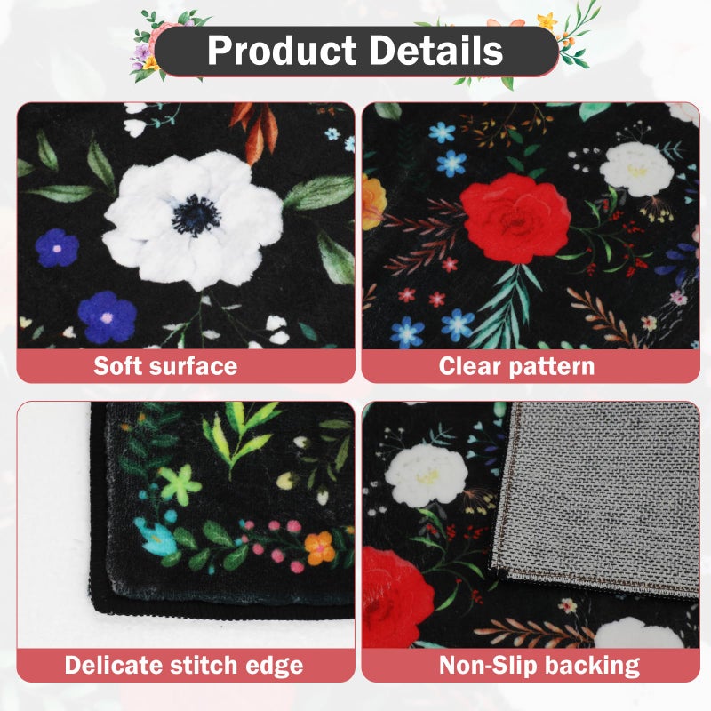 PCSWEET HOME Floral Kitchen Rug Sets 3 Piece, Washable Kitchen Mats for Floor Non Slip Soft Thick Kitchen Floor Mat Carpet Runner Rugs for Hallway Laundry Room, Black - Image 4