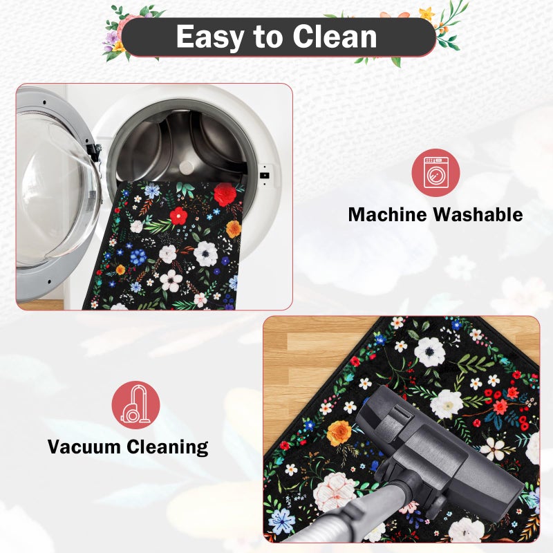 PCSWEET HOME Floral Kitchen Rug Sets 3 Piece, Washable Kitchen Mats for Floor Non Slip Soft Thick Kitchen Floor Mat Carpet Runner Rugs for Hallway Laundry Room, Black - Image 5