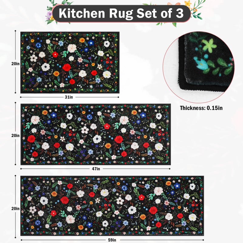 PCSWEET HOME Floral Kitchen Rug Sets 3 Piece, Washable Kitchen Mats for Floor Non Slip Soft Thick Kitchen Floor Mat Carpet Runner Rugs for Hallway Laundry Room, Black - Image 3