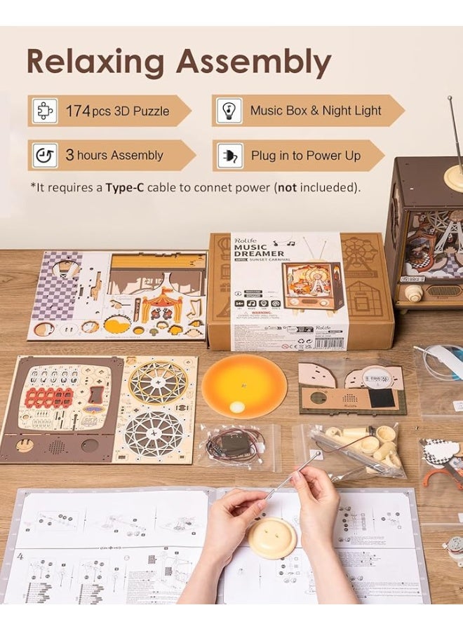 Rolife 3D Wooden Puzzles for Adults DIY Book Nook Kit 16" Ferris Wheel Music Box Model Building Set with LED Crafts for Adults Gifts for Girls Boys (Sunset Carnival) - Image 3