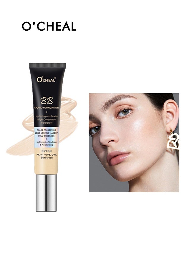 OCHEAL BB Liquid Foundation Color Correcting Long Lasting Makeup Full Coverage Lightweight, Flawless&Moisturizing Instant Age Rewind BB Cream Sunscreen SPF50PA++++ (01#Ivory) - Image 1