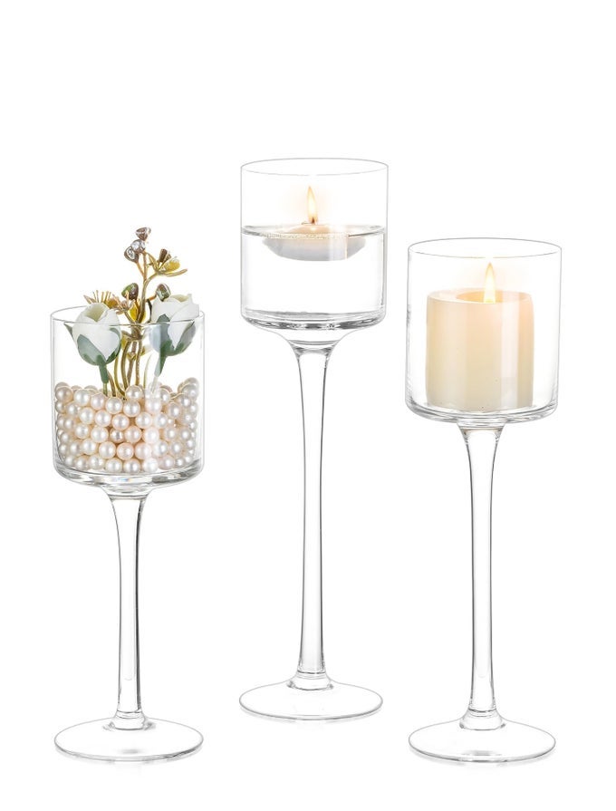 ELEGANT GLASS CANDLE HOLDERS TALL LONG STEM DESIGN PERFECT FOR TABLE CENTERPIECES WEDDING PARTY HOME DECOR SET OF 3
