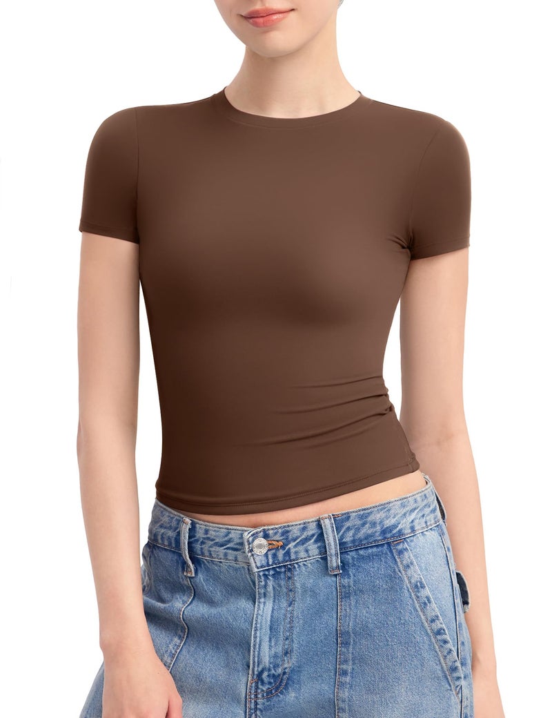 PUMIEY Crop Tops for Women Crew Neck Short Sleeve T Shirts Summer Y2K Going Out Top, Chocolate Medium - Image 1
