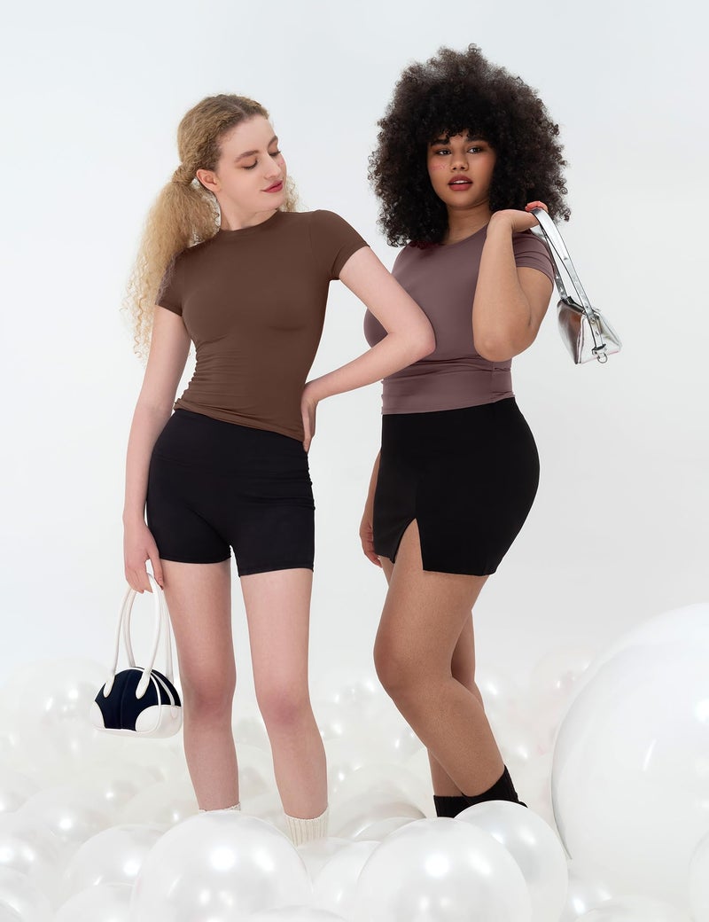 PUMIEY Crop Tops for Women Crew Neck Short Sleeve T Shirts Summer Y2K Going Out Top, Chocolate Medium - Image 3