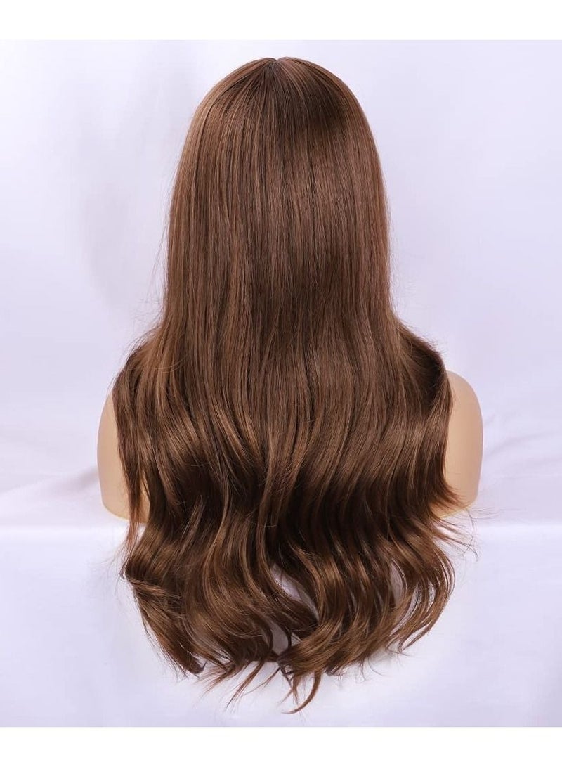 إستيل شعر مستعار طويل مموج مع الانفجارات باروكات صناعية عالية مقاومة للحرارة شعر مستعار مجعد مموج للنساء والفتيات أزياء الجمال الطبيعي المظهر المجعد الشعر استخدام يومي للحفلات طويلة فضفاضة مجعد بني فاتح - Image 4