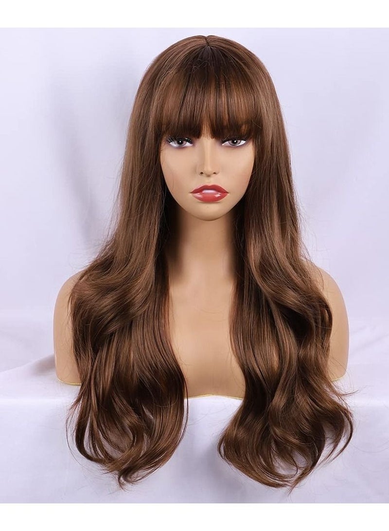 إستيل شعر مستعار طويل مموج مع الانفجارات باروكات صناعية عالية مقاومة للحرارة شعر مستعار مجعد مموج للنساء والفتيات أزياء الجمال الطبيعي المظهر المجعد الشعر استخدام يومي للحفلات طويلة فضفاضة مجعد بني فاتح - Image 2