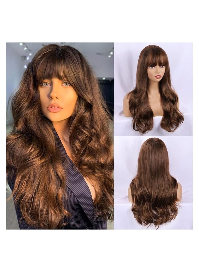 إستيل شعر مستعار طويل مموج مع الانفجارات باروكات صناعية عالية مقاومة للحرارة شعر مستعار مجعد مموج للنساء والفتيات أزياء الجمال الطبيعي المظهر المجعد الشعر استخدام يومي للحفلات طويلة فضفاضة مجعد بني فاتح - Image 3