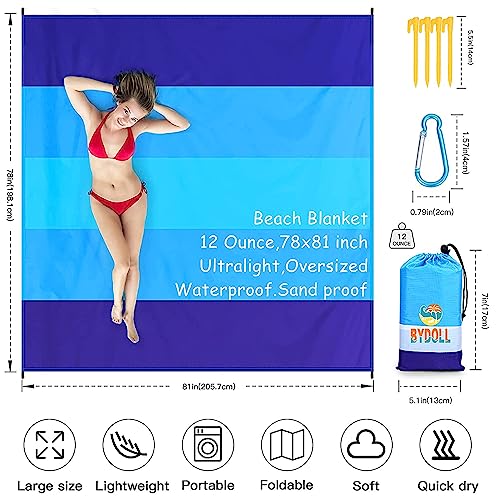 BYDOLL Beach Blanket 78''×81'' 4-7 Adults Oversized Lightweight Waterproof Sandproof Beach Blanket Large Picnic Mat for Travel Camping Hiking Picnic(78" X 81", Blue-Mixed) - Image 2
