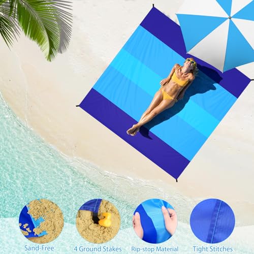 BYDOLL Beach Blanket 78''×81'' 4-7 Adults Oversized Lightweight Waterproof Sandproof Beach Blanket Large Picnic Mat for Travel Camping Hiking Picnic(78" X 81", Blue-Mixed) - Image 4