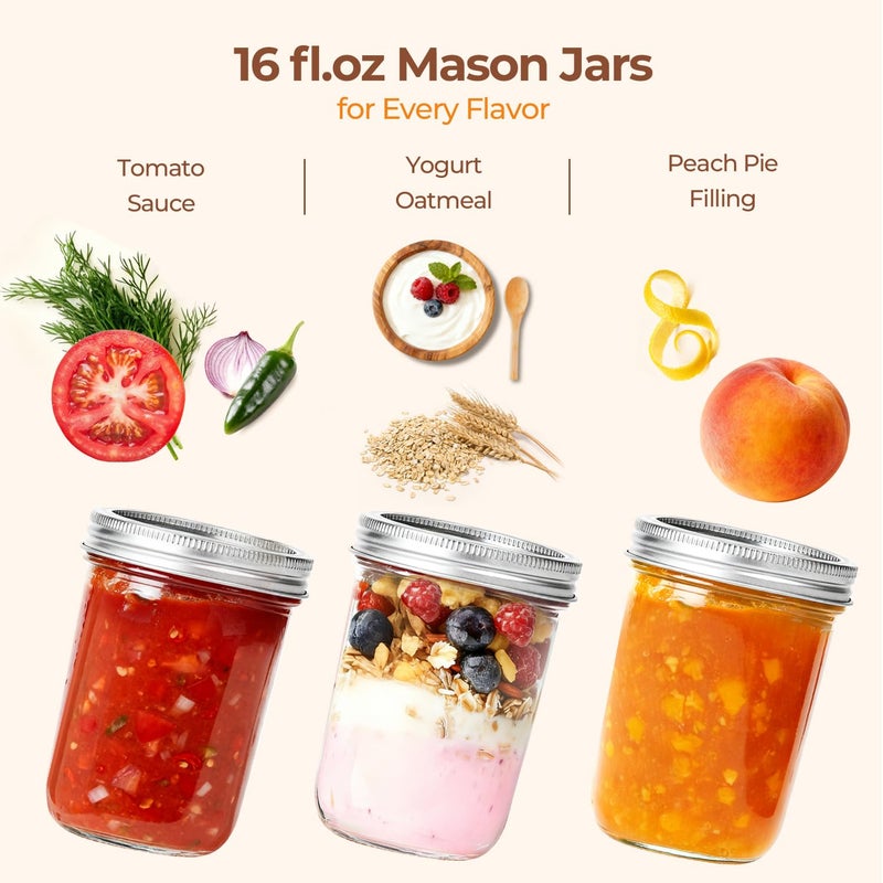 ComSaf Wide Mouth Mason Jars 16 oz with lids - 4 Pack, Pint Mason Jars with Seal Bands, Glass Canning Jars for Honey, Jam, Jelly, Coffee, Salad, Desert, Shower Wedding Favors, DIY Candles Decor - Image 5