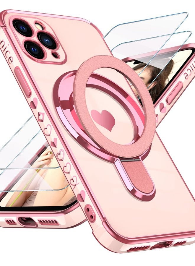 Liufcx for iPhone 11 Pro Max 6.5" Case with Glass Screen Protector: Luxury Plated Gold Edge Love Heart Pattern Kickstand Case, Soft TPU Shockproof Full Camera Protection Case Cover (Pink) - Image 1