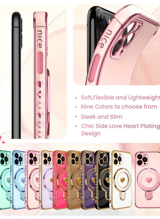 Liufcx for iPhone 11 Pro Max 6.5" Case with Glass Screen Protector: Luxury Plated Gold Edge Love Heart Pattern Kickstand Case, Soft TPU Shockproof Full Camera Protection Case Cover (Pink) - Image 5