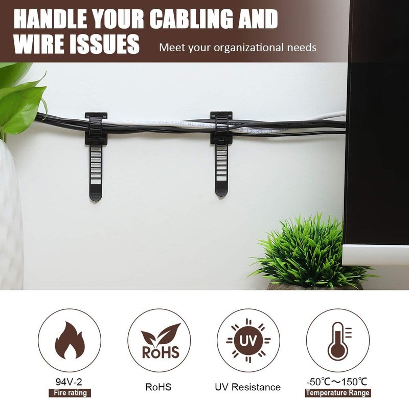 VAMRONE 100Pcs Adhesive Cable Management Clips with 50Pcs Zip Ties, Adjustable Nylon Cable Strap Ties Wire Clips Clamps Organizer with Strong Adhesive Tape, Extra Screw & Hole - 3.55 Inch Black - Image 2