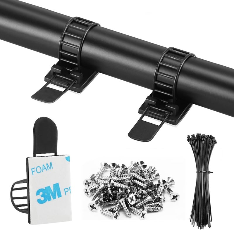 VAMRONE 100Pcs Adhesive Cable Management Clips with 50Pcs Zip Ties, Adjustable Nylon Cable Strap Ties Wire Clips Clamps Organizer with Strong Adhesive Tape, Extra Screw & Hole - 3.55 Inch Black - Image 1