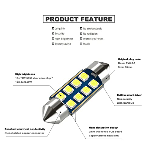 DODOFUN 12V 36MM Festoon 6418 DE3423 DE3425 6000K White Extra Bright LED Bulbs for Car Interior Lights License Plate Map Dome Trunk Door Courtesy Light 8-SMD Chipset Canbus Error Free - Image 3