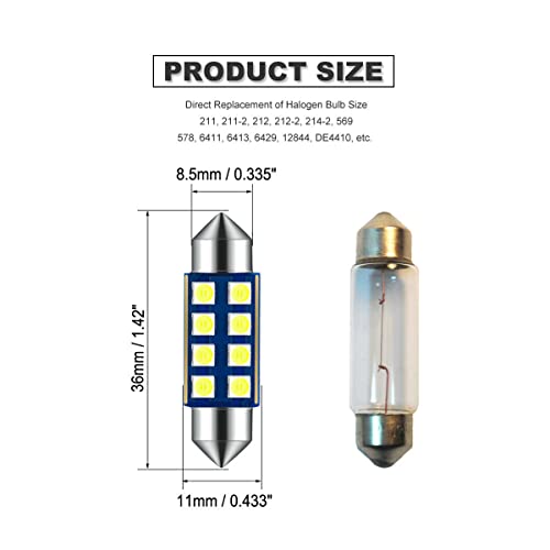 DODOFUN 12V 36MM Festoon 6418 DE3423 DE3425 6000K White Extra Bright LED Bulbs for Car Interior Lights License Plate Map Dome Trunk Door Courtesy Light 8-SMD Chipset Canbus Error Free - Image 2