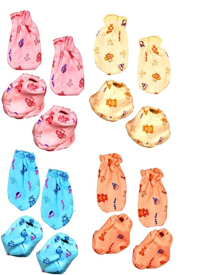 Bigbought New Born Baby Baby Boy and Baby Girl, Mittens and Booties Combo Pack With 4 Pair Of Hand Mittens and 4 Pair Of Leg Booties, Pure Hosiery Soft Fabric, 0 to 6 Months - Image 1