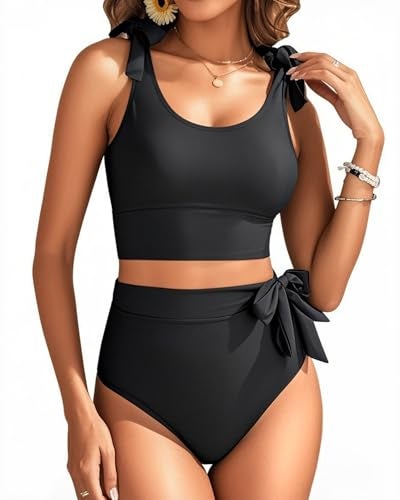 Yonique Two Piece High Waisted Swimsuits - Women Tummy Control Bikini Modest Bathing Suit 2PC 2025 Black L - Image 2